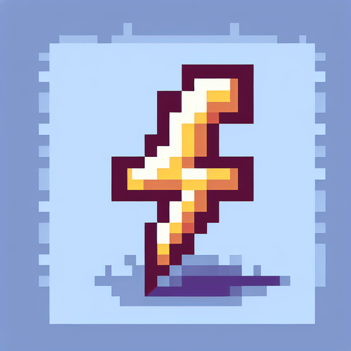 8bit cartoon lighting bolt.
Single Game Texture. In-Game asset. 2d. Blank background. High contrast. No shadows.