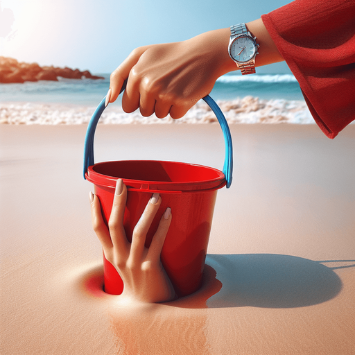 red beach bucket with a blue handle hold by two hands from its bottom..
photorealistic