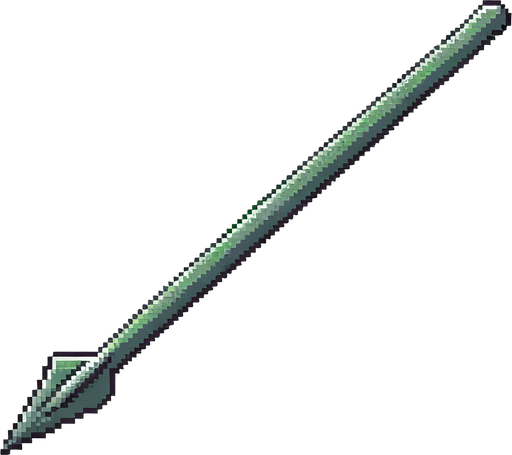 a straight crossbow bolt made of jade. top down view. pixelart. bolt only, crossbow not included. vertical display, from bottom to top. Single Game Texture. In-Game asset. 2d. Blank background. High contrast. No shadows.