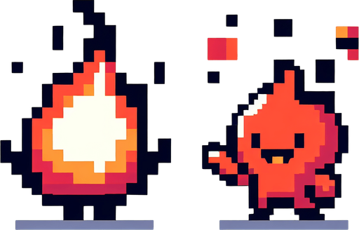 a friendly fire elemental, I want the art style to reflect a classic 16-bit retro pixel art aesthetic, reminiscent of early 1990s RPGs.
Single Game Texture. In-Game asset. 2d. Blank background. High contrast. No shadows.