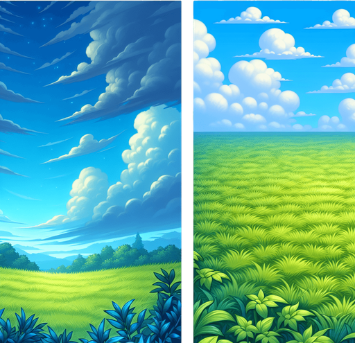 a sky and grass.
Single Game Texture. In-Game asset. 2d. Blank background. High contrast. No shadows.