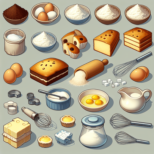 Cake ingredients.
Single Game Texture. In-Game asset. 2d. Blank background. High contrast. No shadows.