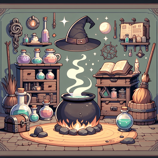 atelier de sorciere.
Single Game Texture. In-Game asset. 2d. Blank background. High contrast. No shadows.