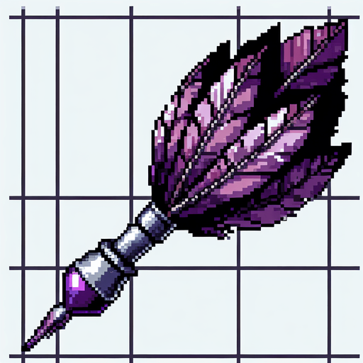 A purple posion dart. Feathers pointing down in the picture. Pixelart.vertical. Single Game Texture. In-Game asset. 2d. Blank background. High contrast. No shadows.