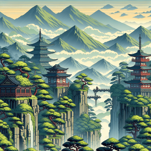 a tileable japanees ninja game landscape background with montains far and cliff edge in the foreground.