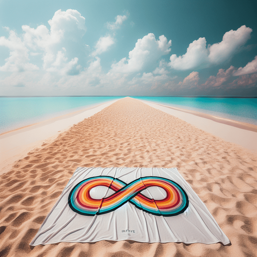 full view of a Beach white towel with colored infinte logo. placed on the sand.
photo