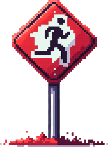 pixel art of a tall, red road sign showing someone running.
game asset, 2d, white background, shadowless.