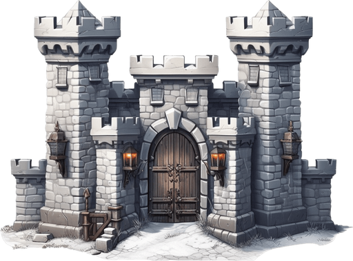 Full view Hero stronghold with gate at the right.
Game Texture. In-Game asset. 2d. Pixelart. White background. Blank background. Low detail. High contrast.