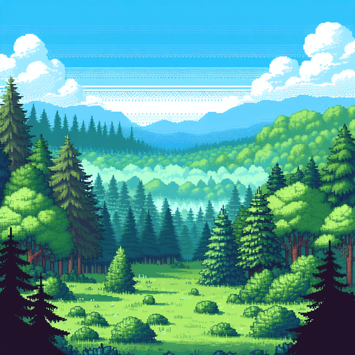 pixelart. A beautiful bue sommer sky without a cloud in the sky above the treetops of a forest and distant mountains. The foreground should be an grassy clearing..
Single Game Texture. In-Game asset. 2d. Blank background. High contrast. No shadows.