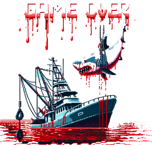 high quality pixel art based background image for a movie showing a Shark hung on a hunting fishing yacht. GAME OVER text written in sharp white fangs text with red blood dripping all around the text.
Single Game Texture. In-Game asset. 2d. Blank background. High contrast. No shadows.