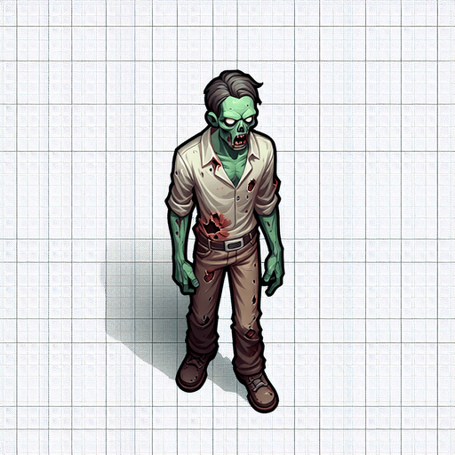 Un zombie en 2D vue du dessus.
Single Game Texture. In-Game asset. 2d. Blank background. High contrast. No shadows.