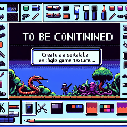 text that says 'To Be Continued', front facing, I want the art style to reflect a classic 16-bit retro pixel art aesthetic, reminiscent of early 1990s RPGs with vibrant colors.
Single Game Texture. In-Game asset. 2d. Blank background. High contrast. No shadows.