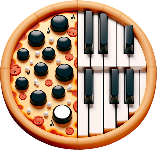 pizza piano keys.
Single Game Texture. In-Game asset. 2d. Blank background. High contrast. No shadows.