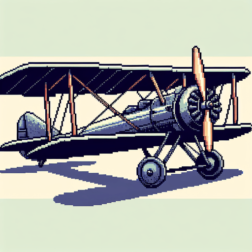 a simpel pixel biplane sideview. Blank background, 2d. No shadows..
Single Game Texture. In-Game asset. 2d. Blank background. High contrast. No shadows.