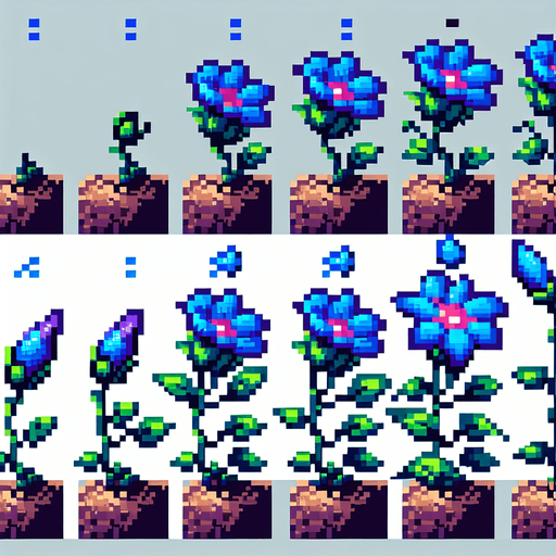 pixel art sprite sheet of a growing plant with two blue flowers.
In-Game asset. 2d. Blank background. High contrast. No shadows.