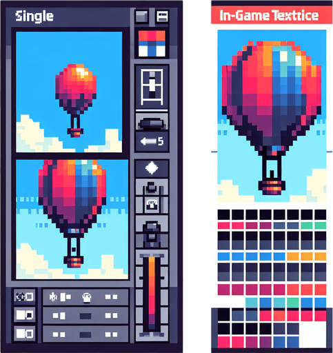 a pixel hot air balloon.
Single Game Texture. In-Game asset. 2d. Blank background. High contrast. No shadows.