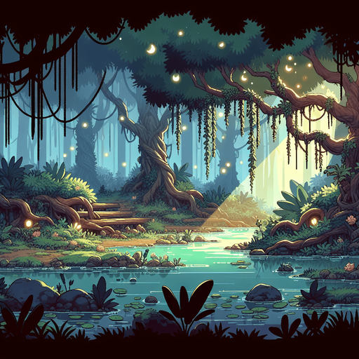 Cozy cartoon swamp background

Single Game Texture. In-Game asset. 2d. Blank background. High contrast. No shadows.