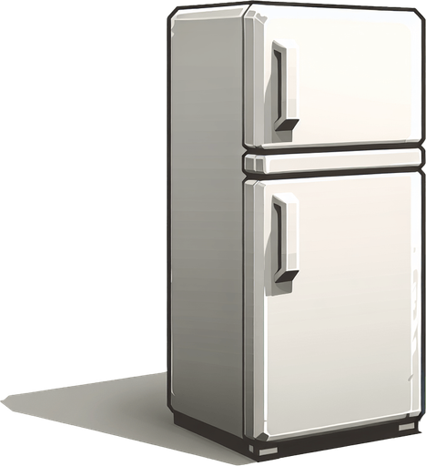 a simple fridge.
Single Game Texture. In-Game asset. 2d. Blank background. High contrast. No shadows.