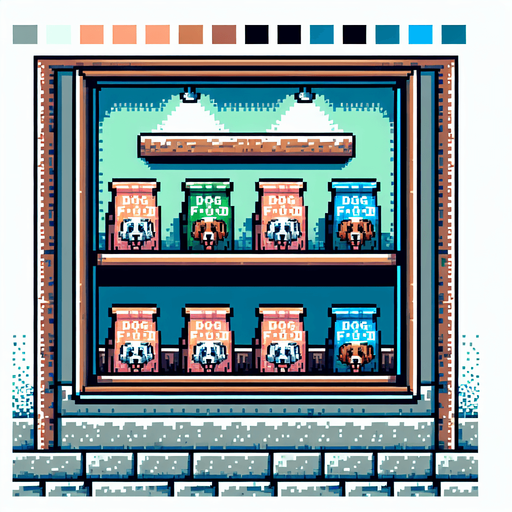 pixel art window with dog food bags displayed within it.
Single Game Texture. In-Game asset. 2d. Blank background.