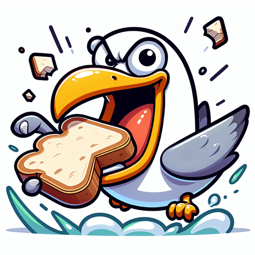 Create a cartoon-style illustration of a seagul's face chomping down on a slice of bread make it comical.
Single Game Texture. In-Game asset. 2d. Blank background. High contrast. No shadows.