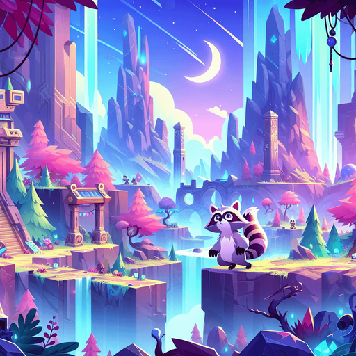 Bright Amazing games background for modern stoner raccoon game. It should be epic! Single Game Texture. In-Game asset. 2d. Blank background. High contrast. No shadows.