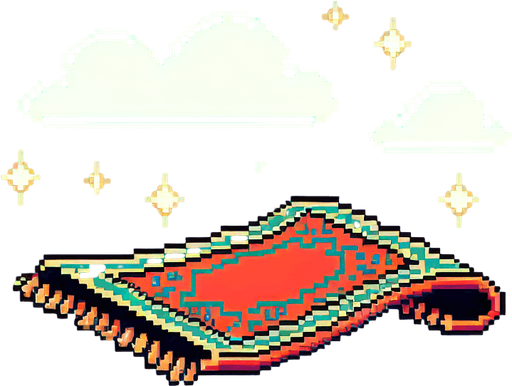 side view of a flat flying carpet heading to the right.
Retro gaming style