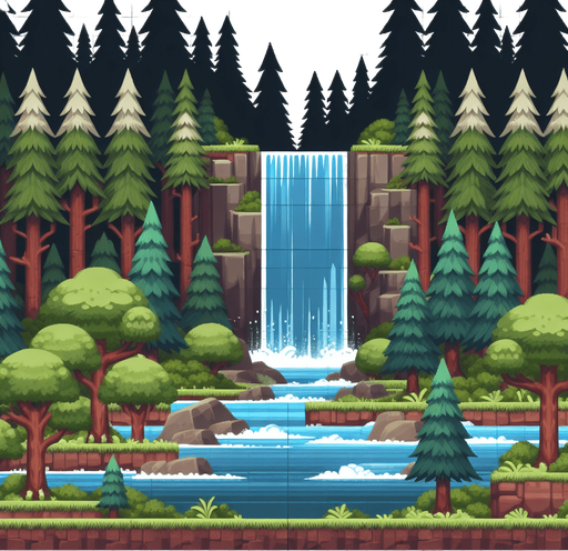 orman ve şelale.
Single Game Texture. In-Game asset. 2d. Blank background. High contrast. No shadows.