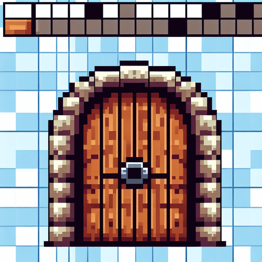 wooden door thats round at the top 8 bit.
Single Game Texture. In-Game asset. 2d. Blank background. High contrast. No shadows.