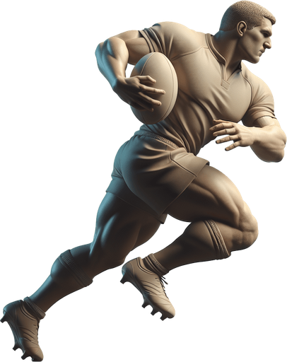 Joueur de rugby avec un charure musclé et qui a la balle 
Il attaque.
Single Game Texture. In-Game asset. 3d. Blank background. High contrast. No shadows.