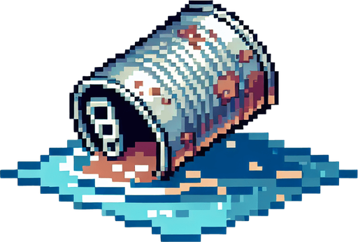 8 bit. cartoon. old open can. rusty . floating in the water.  in game asset. no background. Single Game Texture. In-Game asset. 2d. Blank background. High contrast. No shadows.