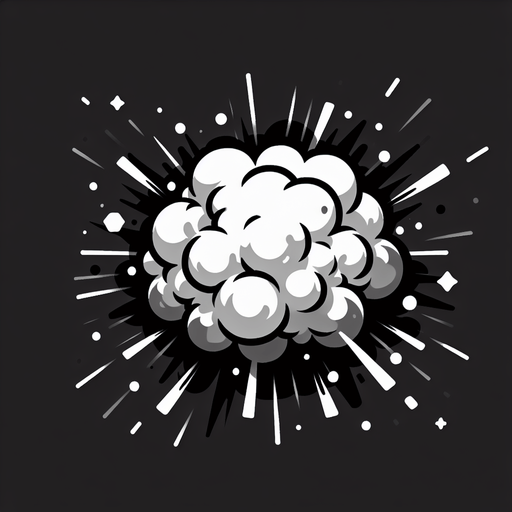 explosion, black and white.
Single Game Texture. In-Game asset. 2d. Blank background. High contrast. No shadows.