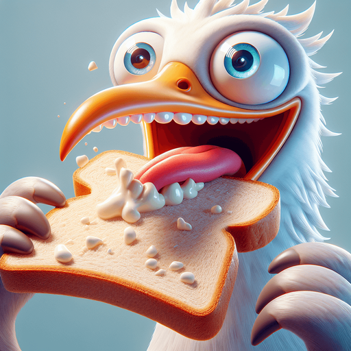 Create a cartoon-style illustration of a seagul's face chomping down on a slice of bread make it comical.
Single Game Texture. In-Game asset. 2d. Blank background. High contrast. No shadows.