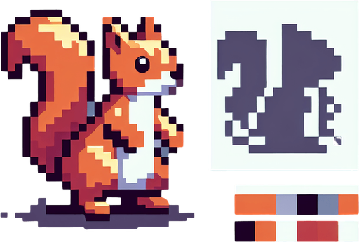 pixel art. squirle. standing up position.
Single Game Texture. In-Game asset. 2d. Blank background. High contrast. No shadows.