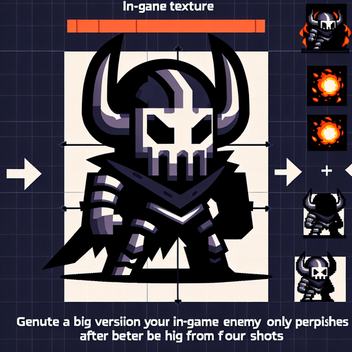 Big version of enemy and only dies after shot four times rest of features are from original enemies.
Single Game Texture. In-Game asset. 2d. Blank background. High contrast. No shadows.