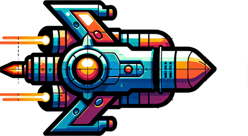 Computer game. Cartoon hero spaceship facing upwards, large cannon at the center of the ship. Bright colors.
Single Game Texture. In-Game asset. 2d. Blank background. High contrast. No shadows.