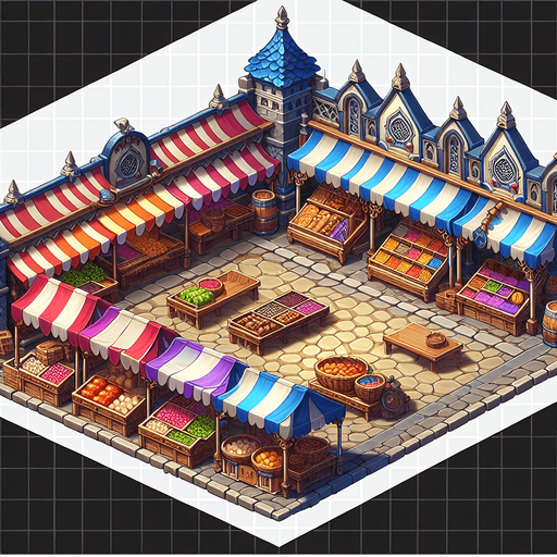 A market in a RTS fantasy style Single Game Texture. In-Game asset. 2d. Blank background. High contrast. No shadows.