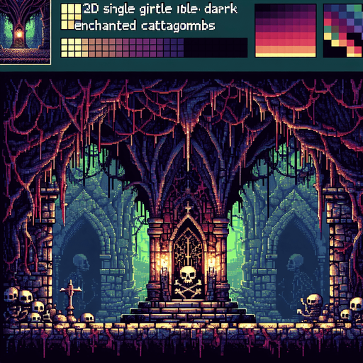 evil enchanted dark catacombs background, 1st person perspective, I want the art style to reflect a classic 16-bit retro pixel art aesthetic, reminiscent of early 1990s RPGs with vibrant colors..
Single Game Texture. In-Game asset. 2d. Blank background. High contrast. No shadows.