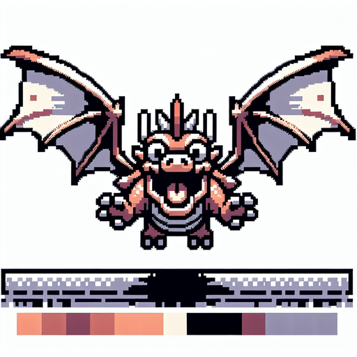 8bit cartoon flying dragon. Front view. Funny..
Single Game Texture. In-Game asset. 2d. Blank background. High contrast. No shadows.