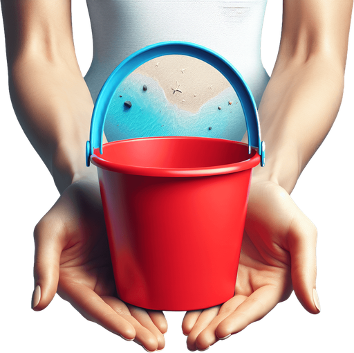 red beach bucket with a blue handle hold by two hands from its bottom..
photorealistic