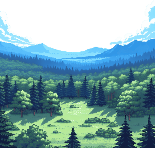 pixelart. A beautiful bue sommer sky without a cloud in the sky above the treetops of a forest and distant mountains. The foreground should be an grassy clearing..
Single Game Texture. In-Game asset. 2d. Blank background. High contrast. No shadows.