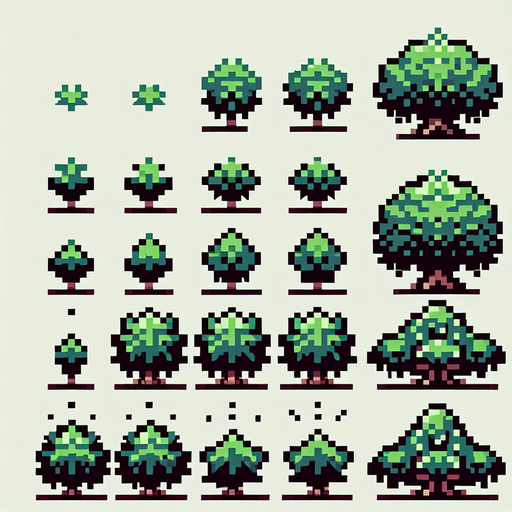 pixel art sprite sheet of a growing bush.
In-Game asset. 2d. Blank background. High contrast. No shadows.