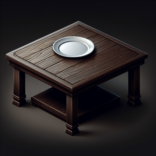 a dark wooden kitchen table with a serving plate..
Single Game Texture. In-Game asset. 2d. Blank background. High contrast. No shadows.