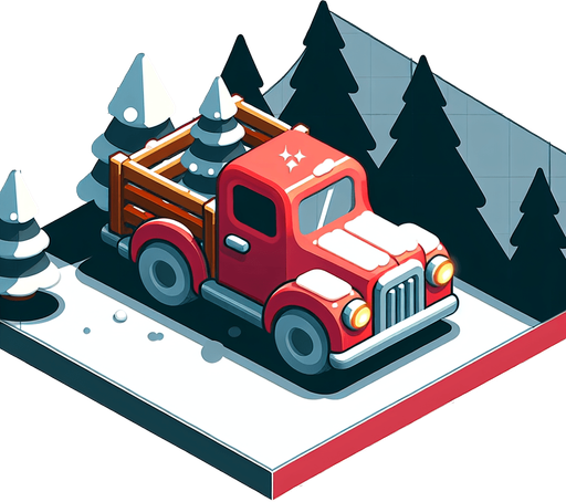 2d diagonal christmas car or truck in snow Single Game Texture. In-Game asset. 2d. Blank background. High contrast. No shadows.