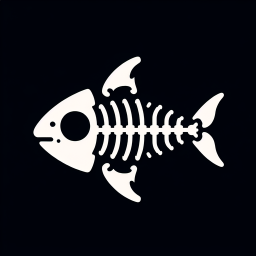 Very minimalist skeleton of a fish with a fin and cute shark head...
2d. Black background. High contrast. No shadows.