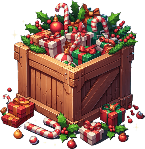 2d opened christmas crate Single Game Texture. In-Game asset. 2d. Blank background. High contrast. No shadows.