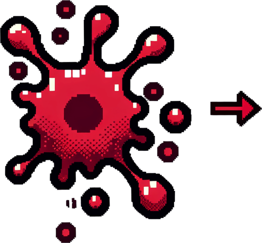 8 bit blood spatter. cartoon. Single Game Texture. In-Game asset. 2d. Blank background. High contrast. No shadows.