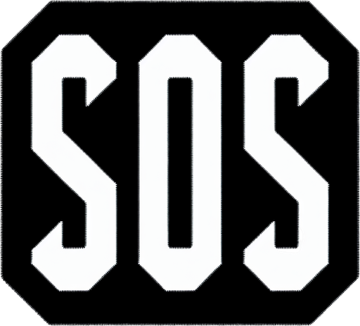 Create a close-up cartoon-style illustration of the  letters "sos" in black.
Single Game Texture. In-Game asset. 2d. Blank background. High contrast. No shadows.