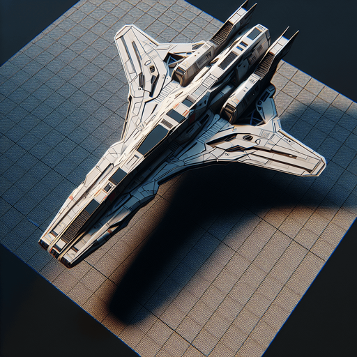 Single futuristic spaceship flying straight  upwards viewed from above in colour without any background.
Single Game Texture. In-Game asset. 2d. Blank background. High contrast. No shadows.