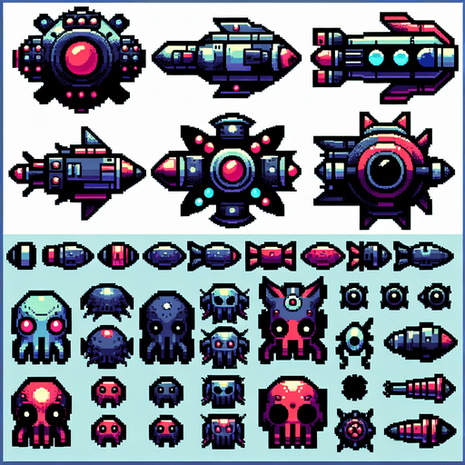 Sprite sheet of different Enemy Boss spaceship, alien looking. Vibrant colors. Cartoon feeling. 4 sprites per sprite sheet.
Single Game Texture. In-Game asset. 2d. Blank background. High contrast. No shadows.