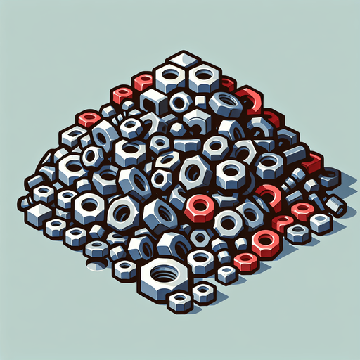 2d pile of gray and red nuts and bolts Single Game Texture. In-Game asset. 2d. Blank background. High contrast. No shadows.